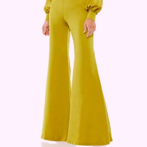 Mac Duggal Chartreuse Long Sleeve Flare Leg Satin Jumpsuit - Picture 2 of 4